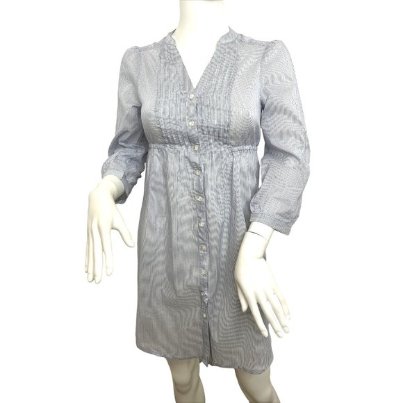 H&M Women’s Mini Dress 2 Blue Button Down 3/4 Sleeve Roll Tab Band Collar VNeck - Picture 1 of 13